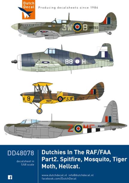 Dutch Decal 1/48 Dutchies in the RAF/FAA Part 2 Spitfire Mosquito Tiger Moth Hellcat