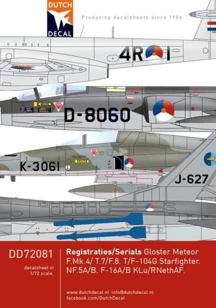 Dutch Decal 1/72 Registraties/Serials Gloster Meteor F-104G NF-5A/B F-16A/B
