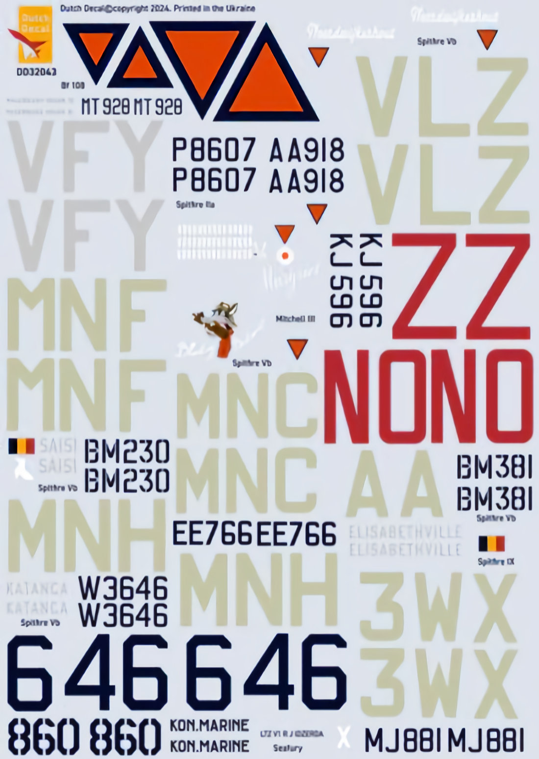 Dutch Decal 1/32 Bf 108 Mitchell III 320 Sqn Spitfire 322Sqn Sea Fury MLD