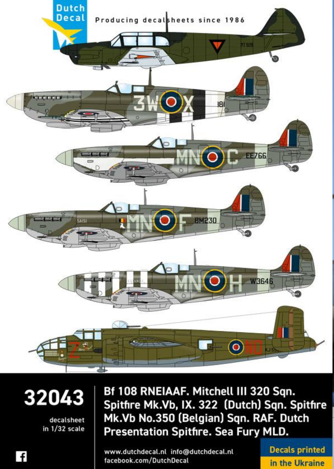 Dutch Decal 1/32 Bf 108 Mitchell III 320 Sqn Spitfire 322Sqn Sea Fury MLD